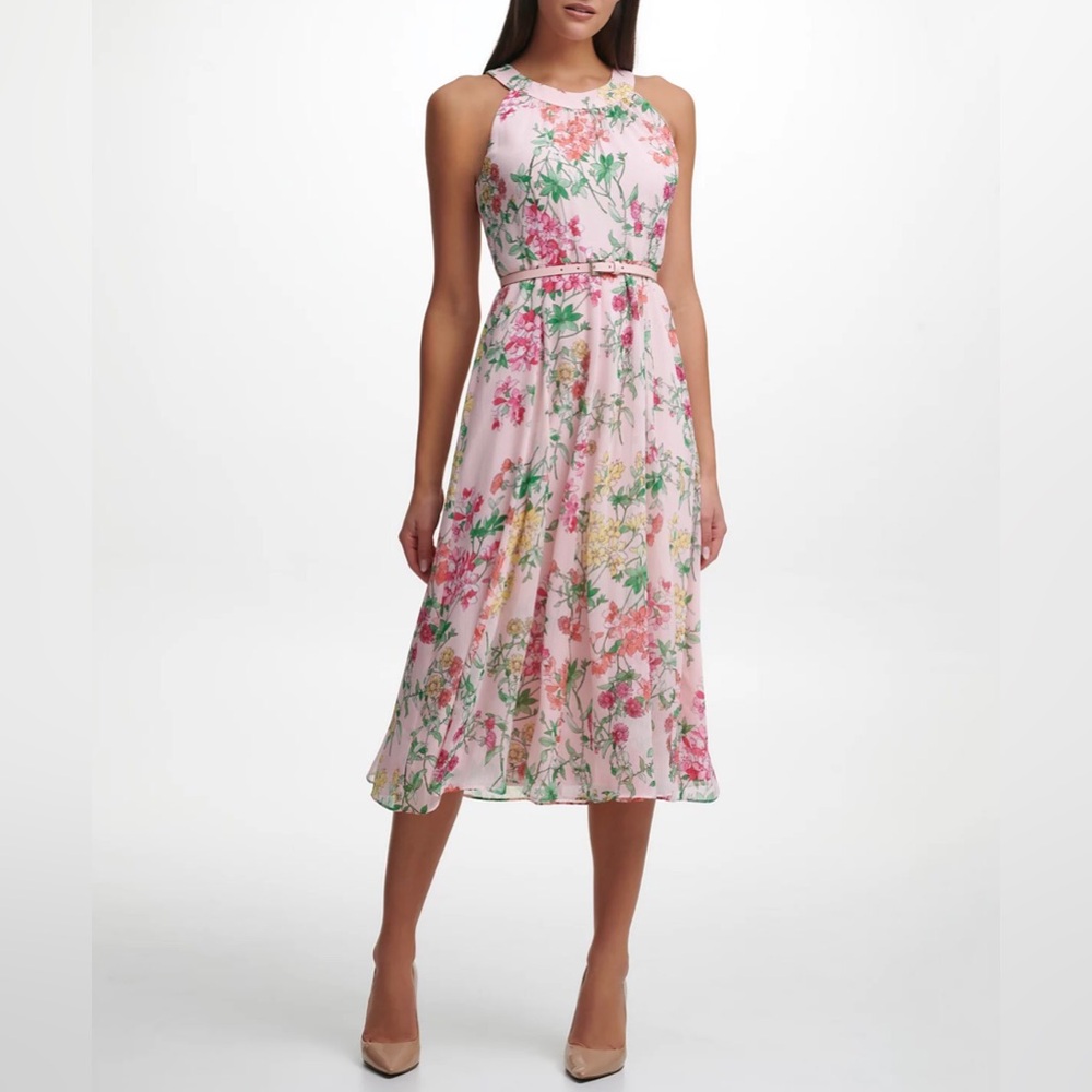 Tommy Hilfiger Belted Chiffon Halter Midi Dress Pink Floral Print Size 4 - Picture 2 of 16